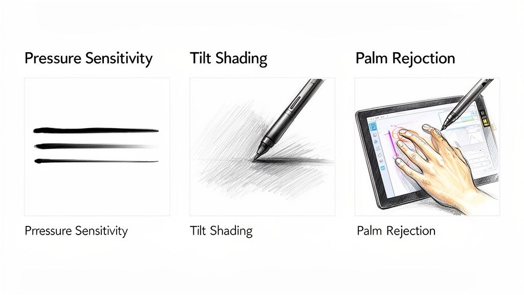 An image showcasing stylus pen features: pressure sensitivity with varying lines, tilt shading, and palm rejection on a tablet.