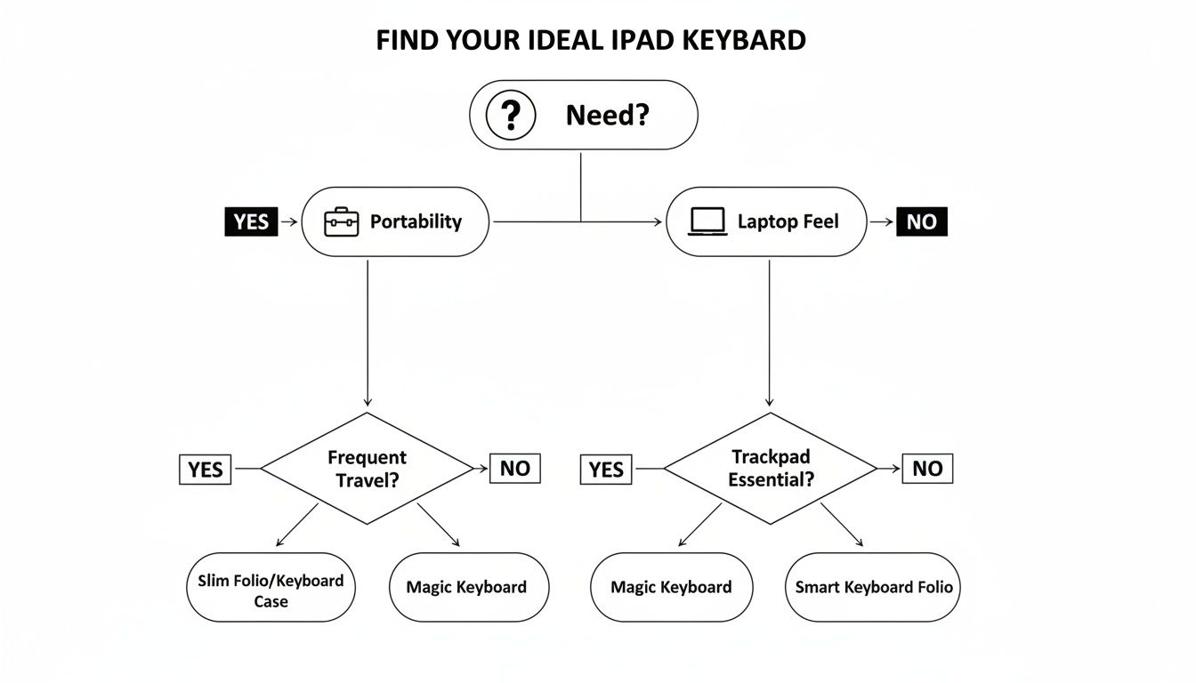 A decision-making flowchart guiding users to find their ideal iPad keyboard based on needs like portability and laptop feel.