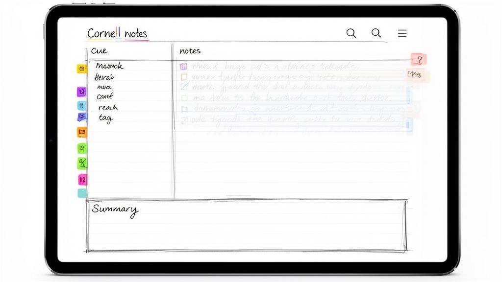 A tablet displays a digital Cornell notes template with handwritten cues, notes, and a summary section.