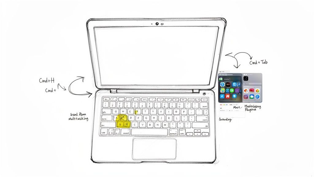 Laptop sketch with highlighted keyboard keys and arrows demonstrating multitasking commands and an app switcher interface.