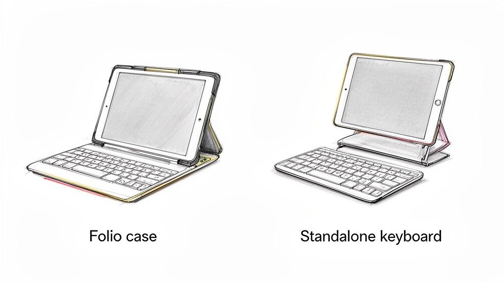 Two diagrams compare a tablet in a folio keyboard case and a tablet with a separate standalone keyboard setup.