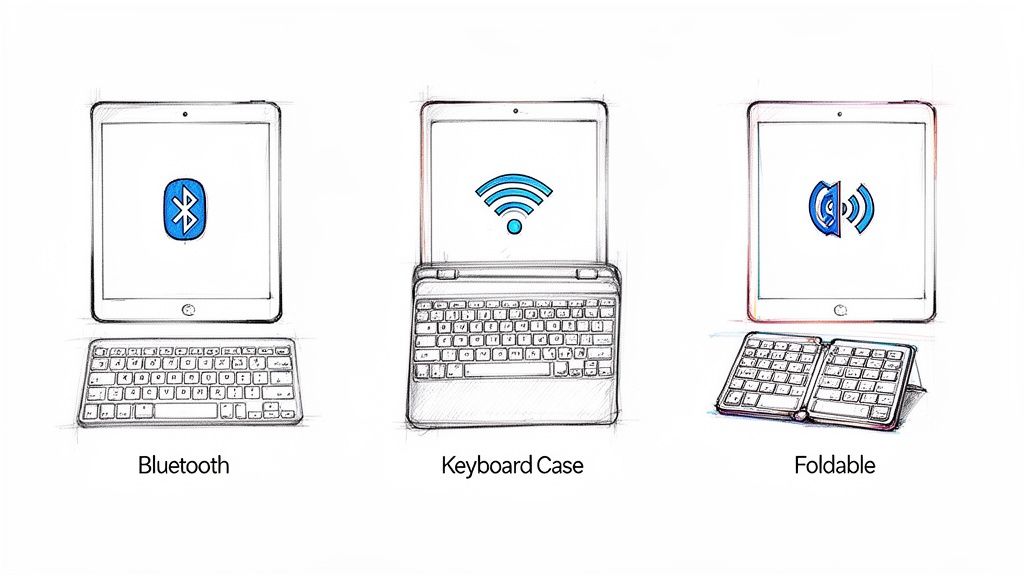 Sketches illustrating three types of portable tablet keyboards: Bluetooth, keyboard case, and foldable.