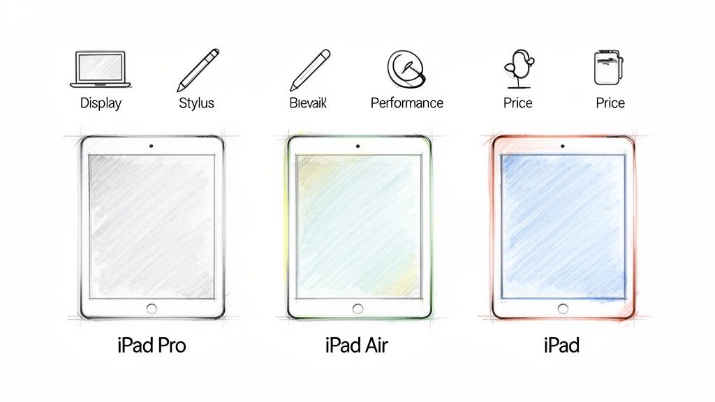 Sketched comparison of iPad Pro, iPad Air, and iPad models, highlighting display, stylus, performance, and price.