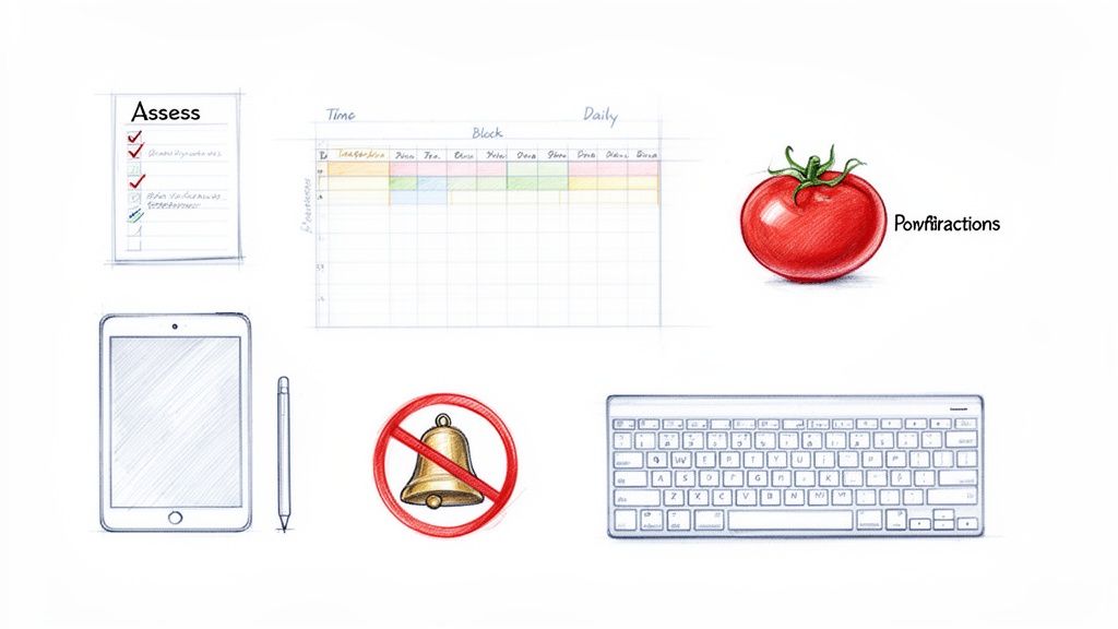 A sketch of various productivity and time management tools: a checklist, schedule, tablet, keyboard, and no bell symbol.
