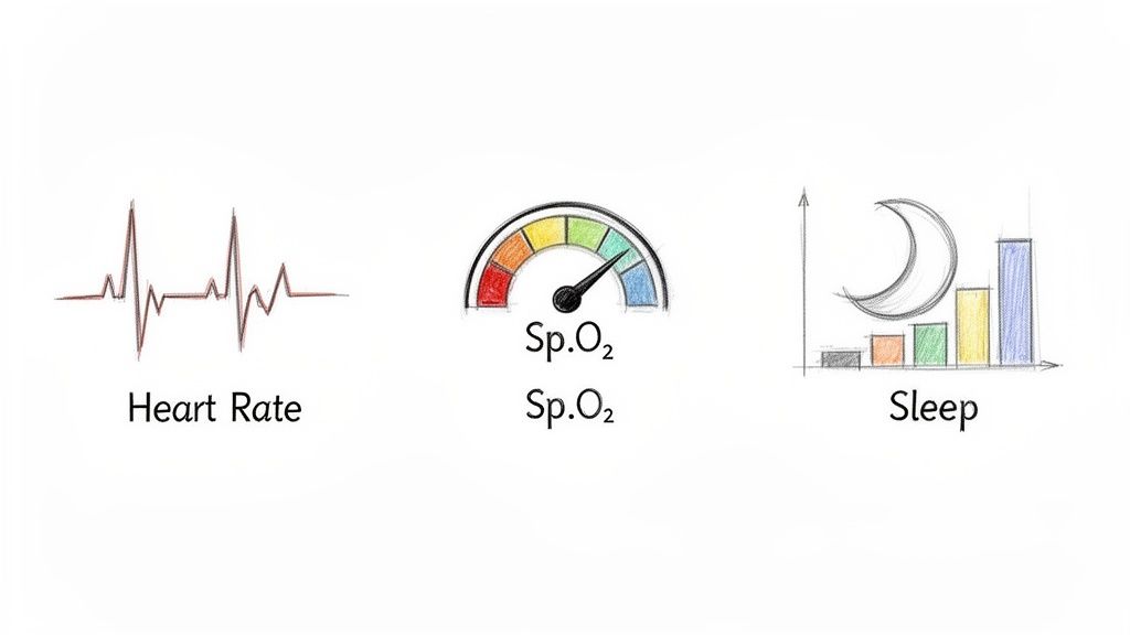 A sketch showing three key health metrics: heart rate, SpO2, and sleep tracking.