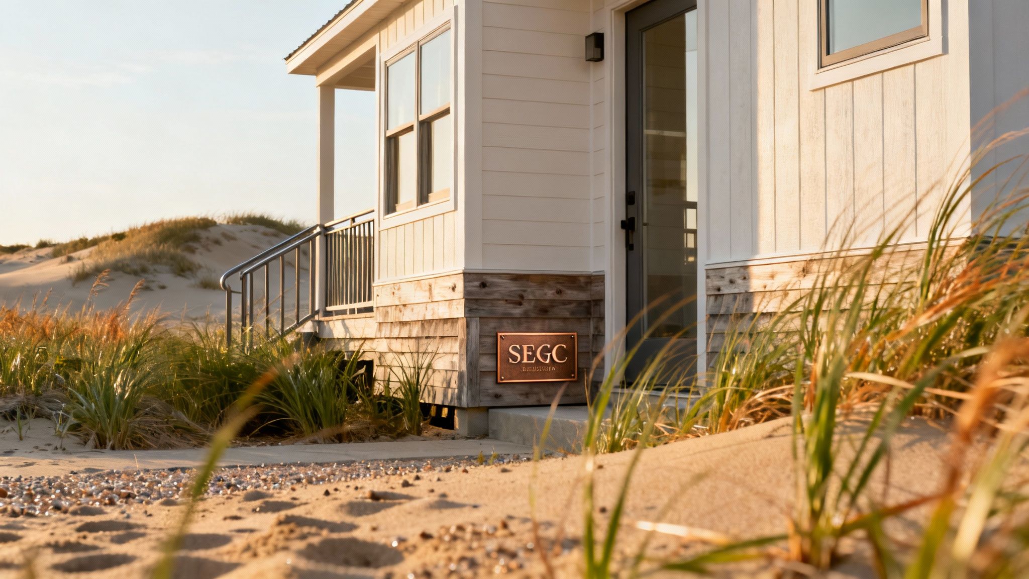 A beautiful, modern modular home under a clear blue sky in Eastern North Carolina.