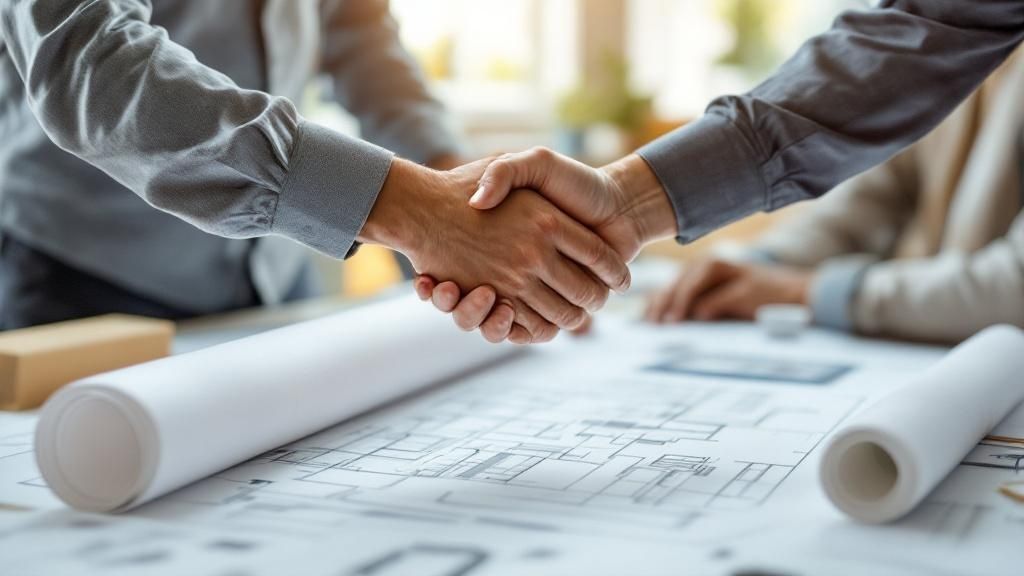 Architects and builders reviewing a design build contract template on a construction site.