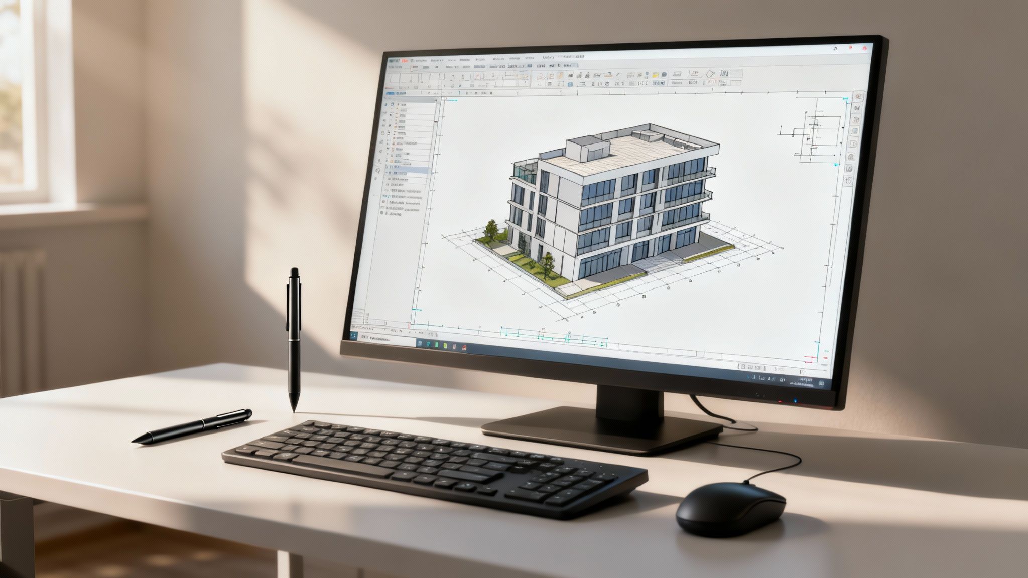 A modern architectural design displayed on a computer screen, showing a 3D model of a building.