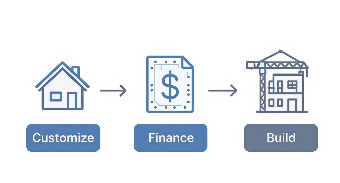 Three-step home building process showing customization, financing, and construction with crane illustration