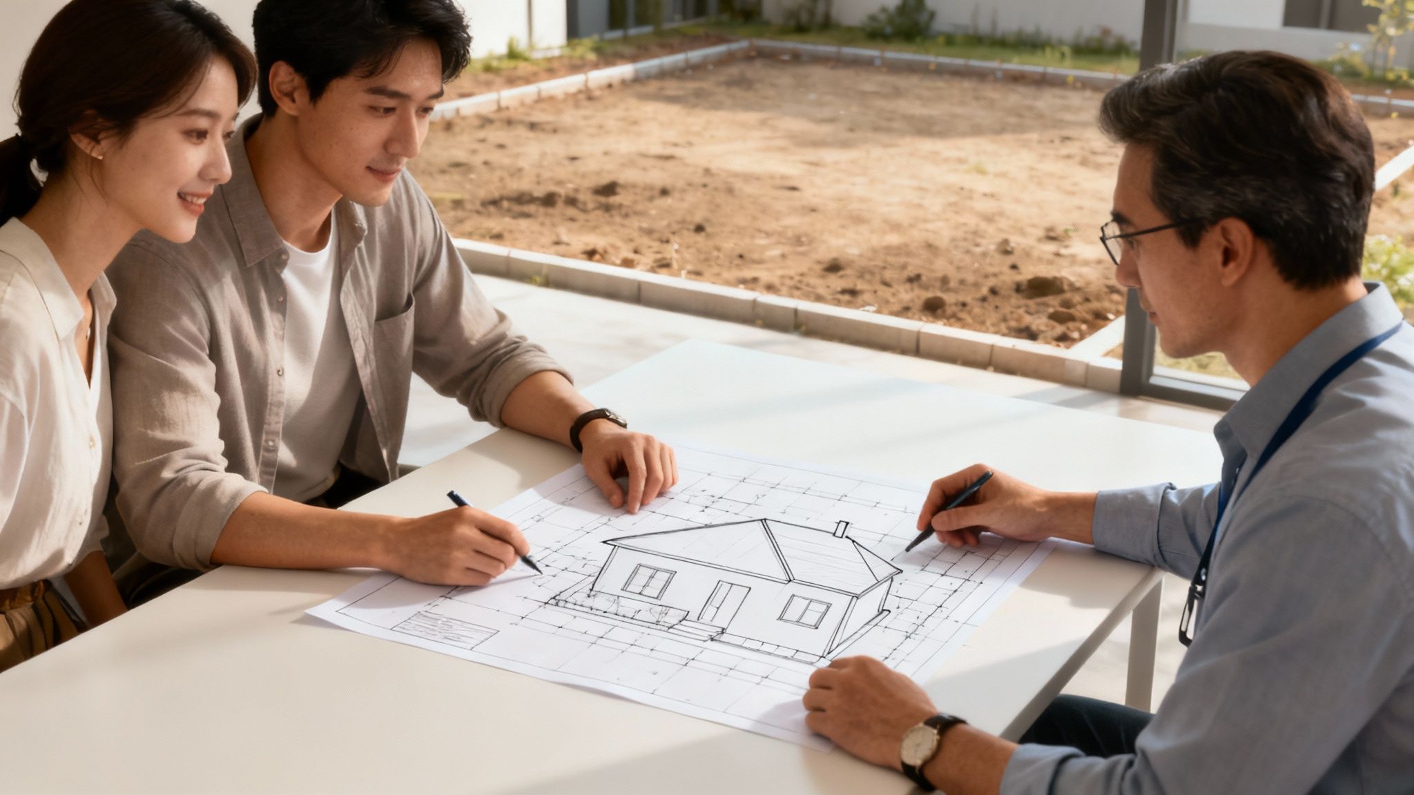 A beautiful custom built home with a spacious front porch and elegant landscaping.