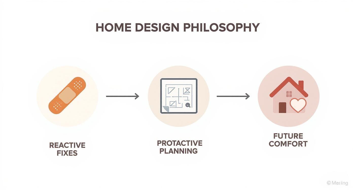 Infographic showing the process flow of home design, moving from reactive fixes to proactive planning, and finally achieving future comfort.