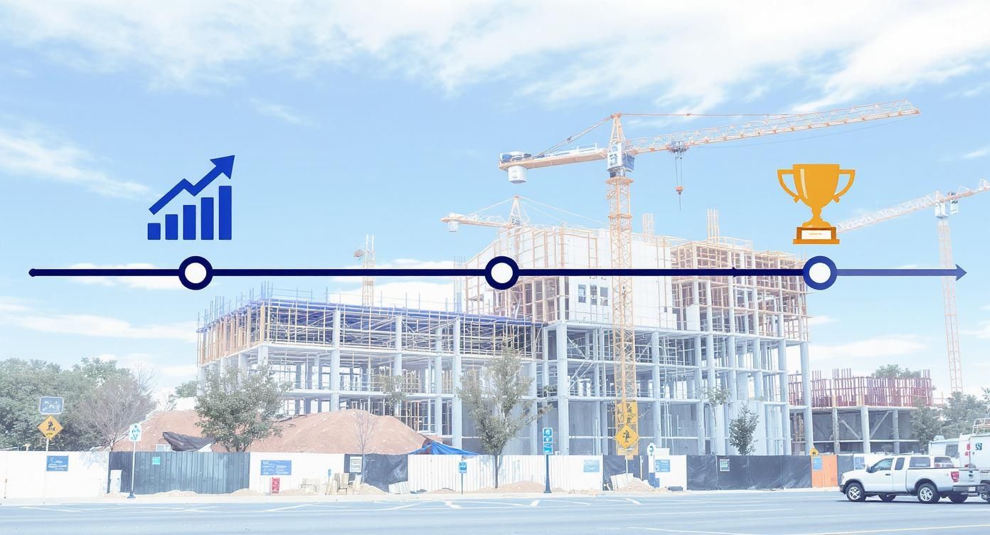 A timeline overlay showing progress from growth to achievement on a construction site with cranes and buildings.