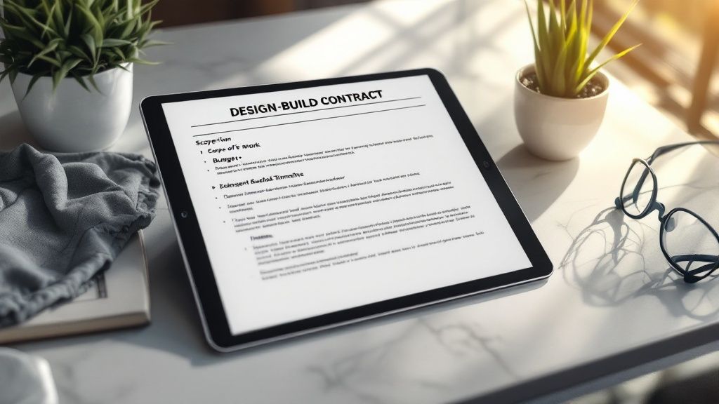 A construction professional reviewing a design build contract template on a clipboard at a job site.
