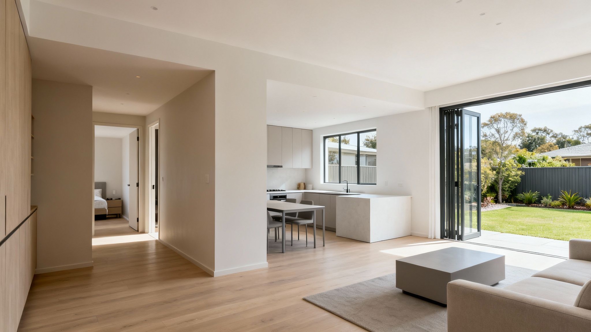 Modern open-plan living space with kitchen island, light wood floors, and sliding glass doors