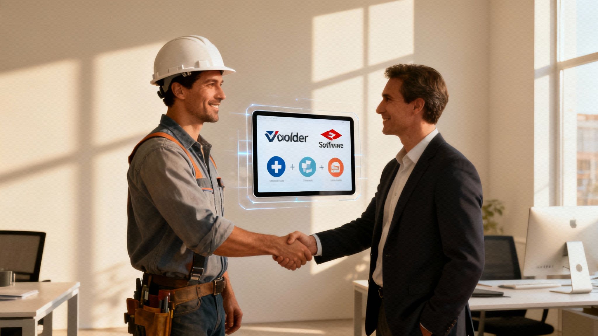 A construction manager on a tablet, evaluating different software options on a job site.