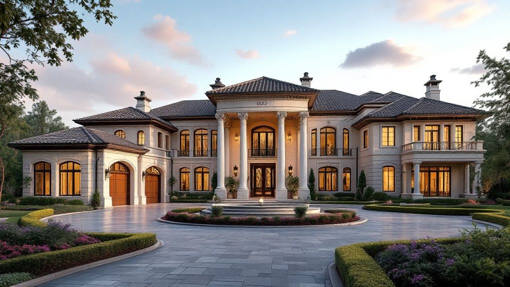 A grand, ultra-luxury estate with a circular driveway, multiple gables, and extensive landscaping.