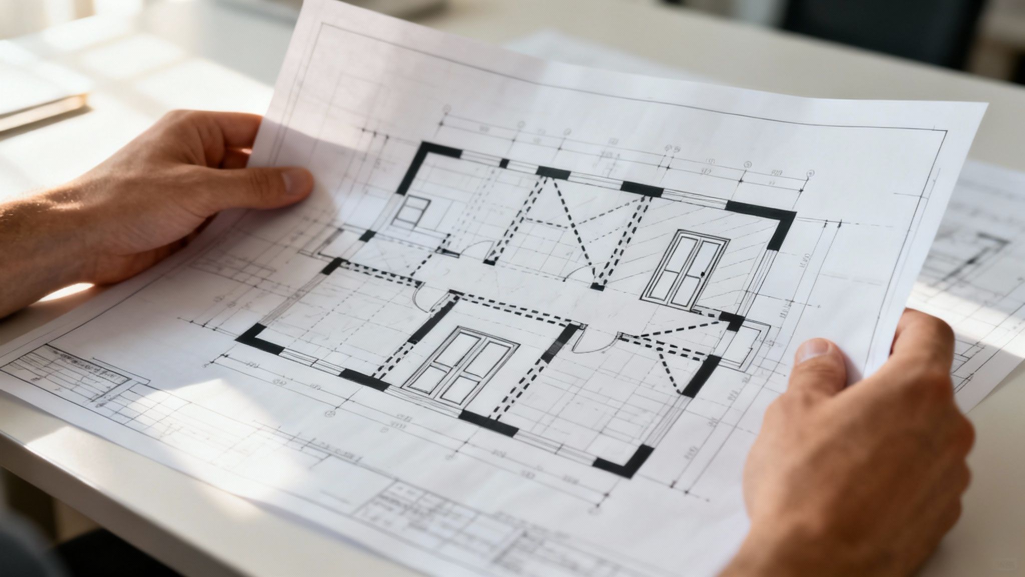 A detailed architectural drawing being examined on a large wooden table, with drafting tools nearby.