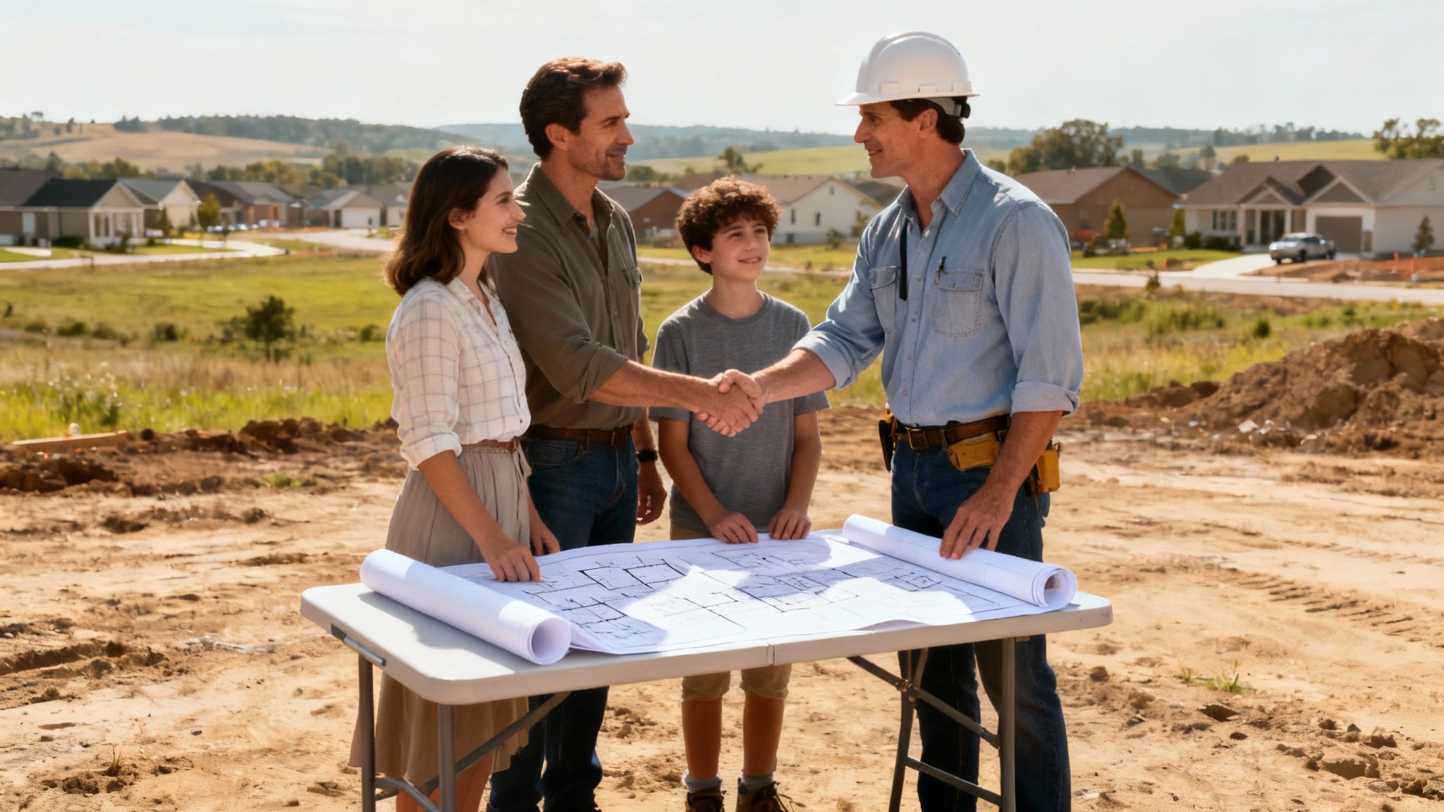 A professional builder reviewing blueprints with a smiling client on a construction site.