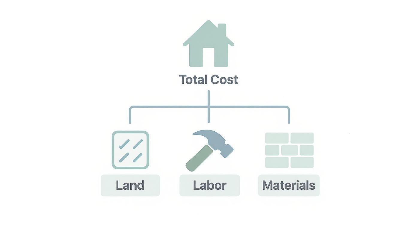 Diagram showing the total cost of a house broken down into land, labor, and materials with icons.