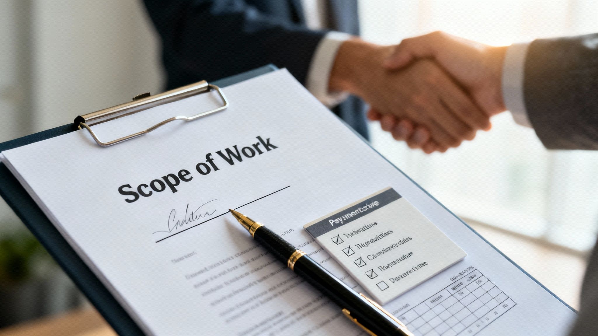 A 'Scope of Work' document and pen on a clipboard, with a business handshake in the background.