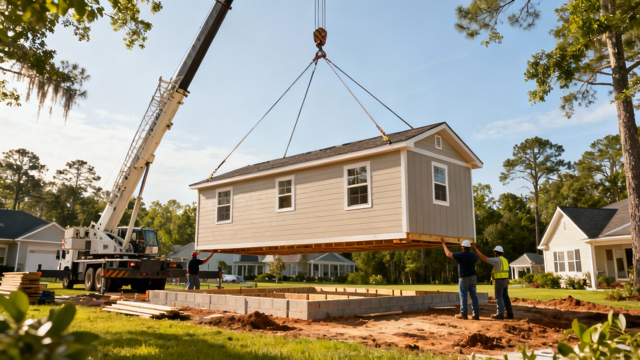 A modular home section being carefully lifted by a crane onto its foundation in Eastern North Carolina.