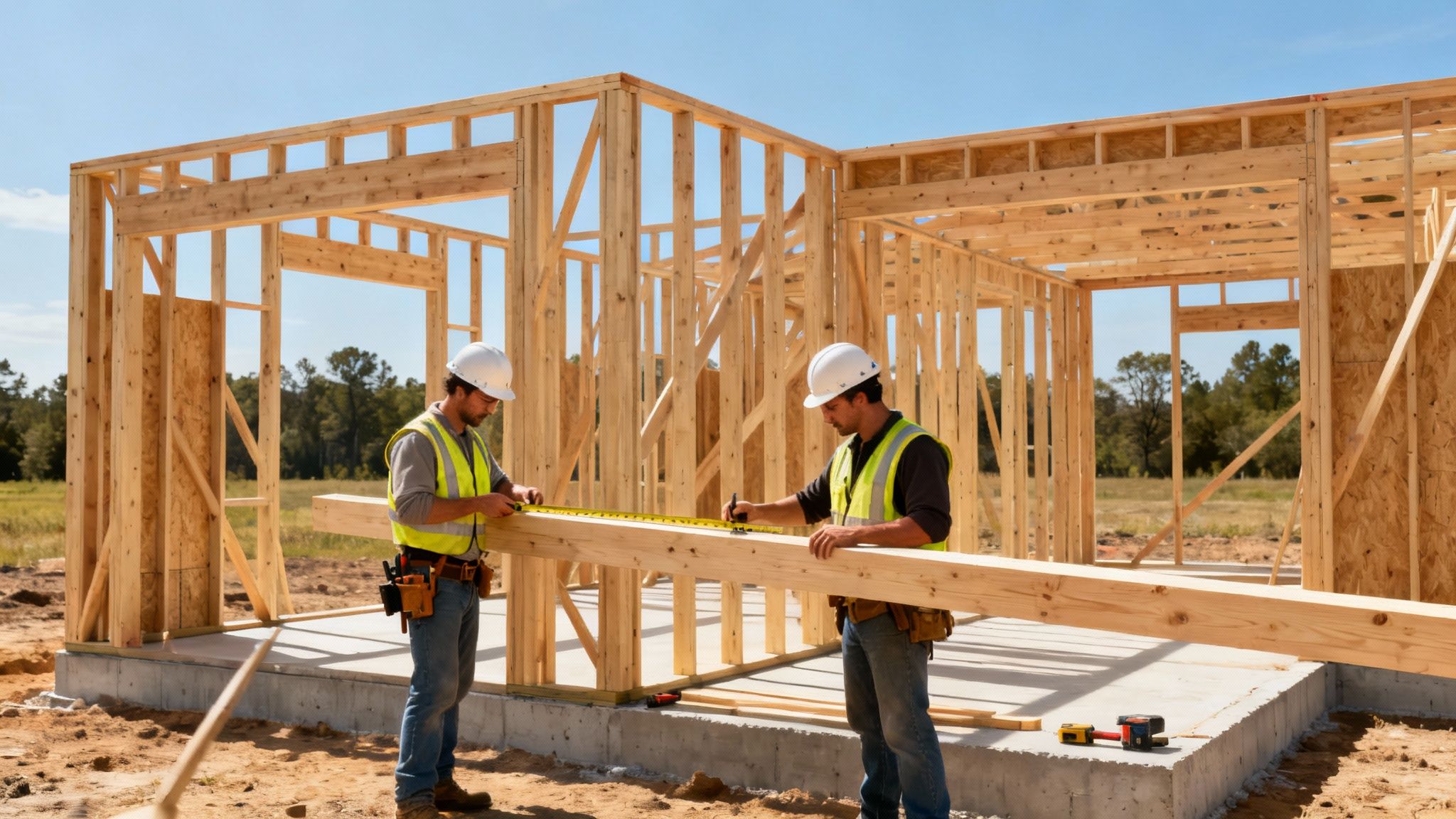 Two construction workers measuring wooden frame structure at residential building site with tape measure