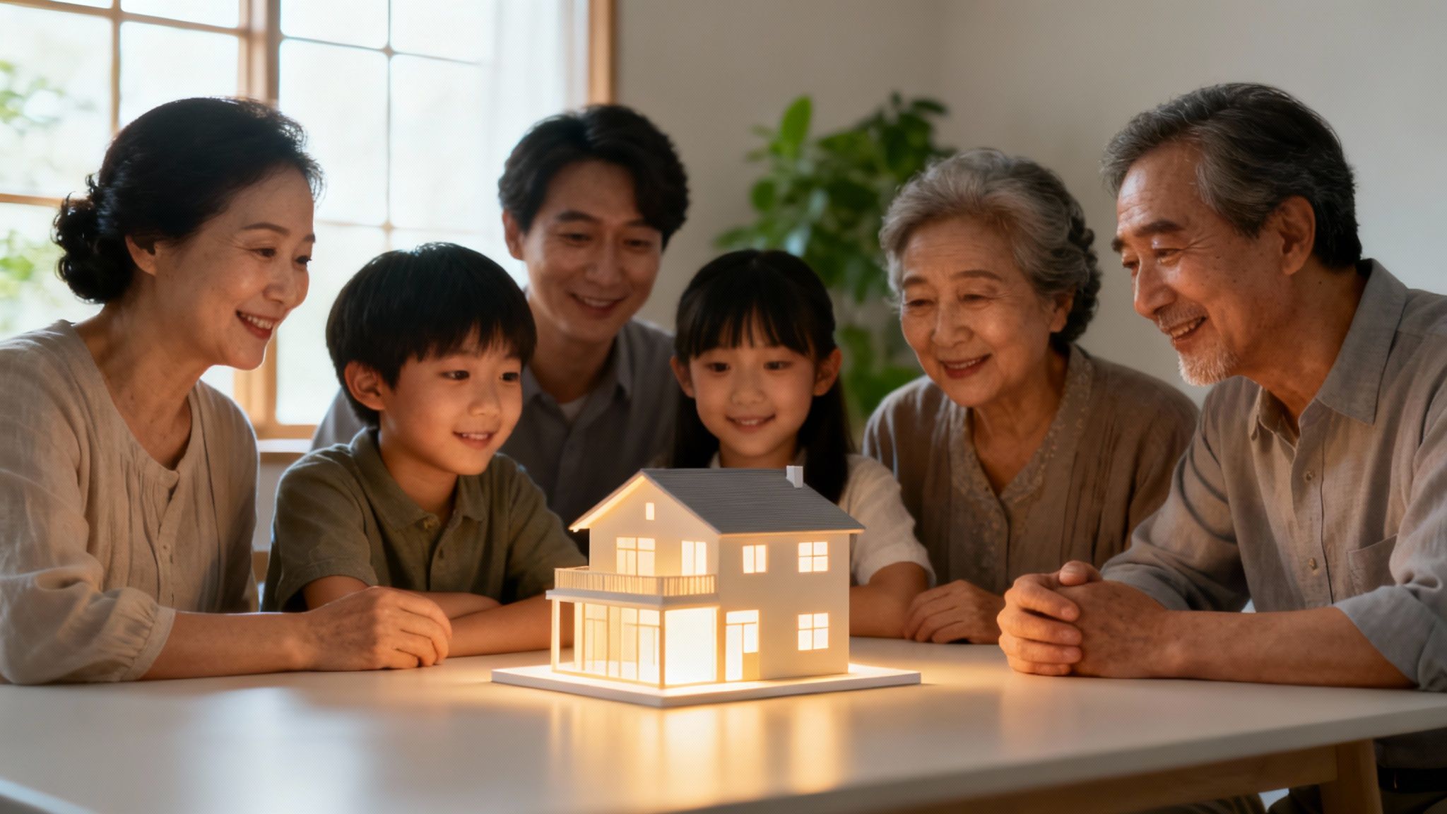 A family smiling together in the living room of their new custom-built home.
