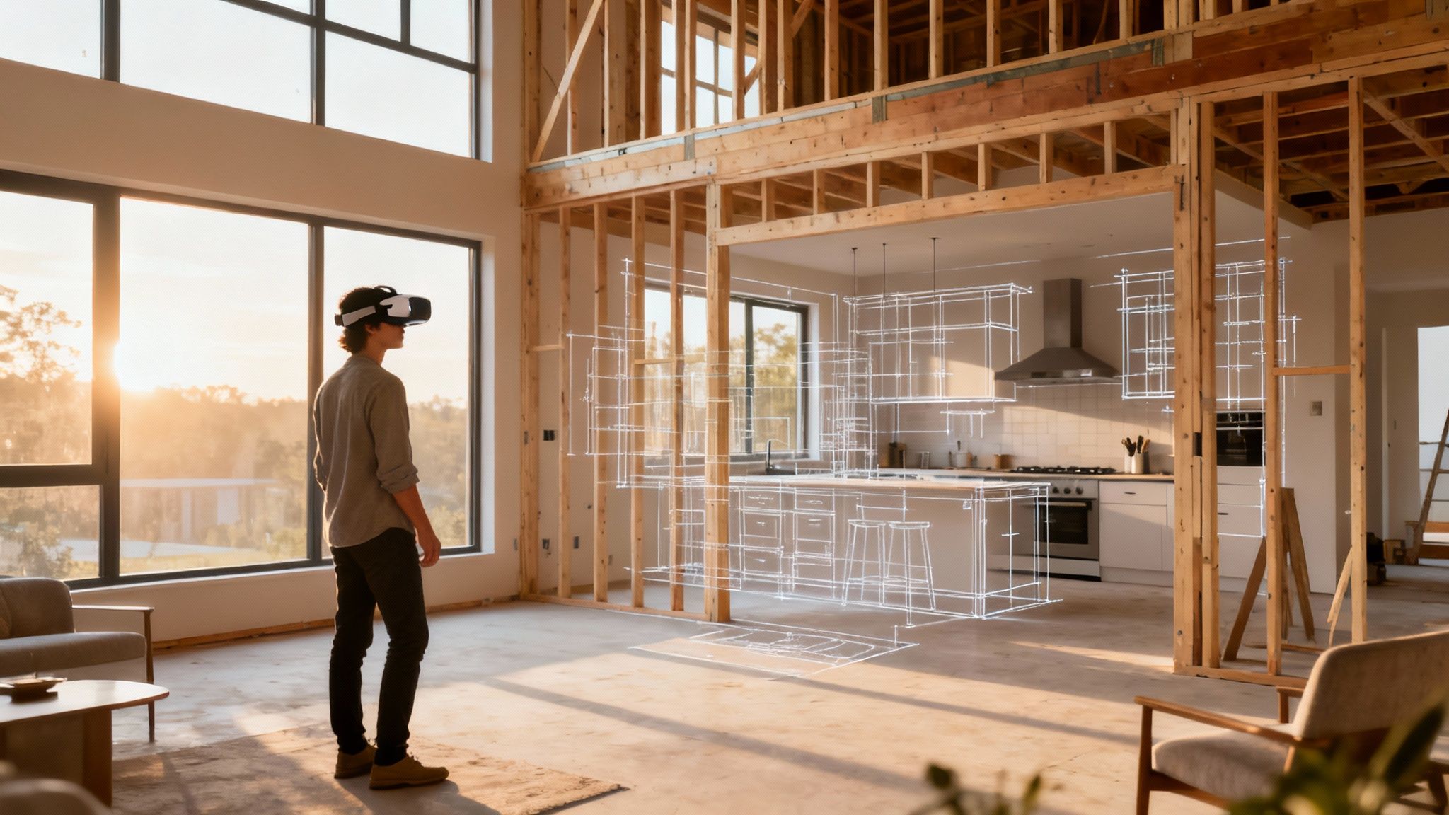 A digital rendering of a home's interior, showcasing a modern kitchen and living space, representing a virtual tour.