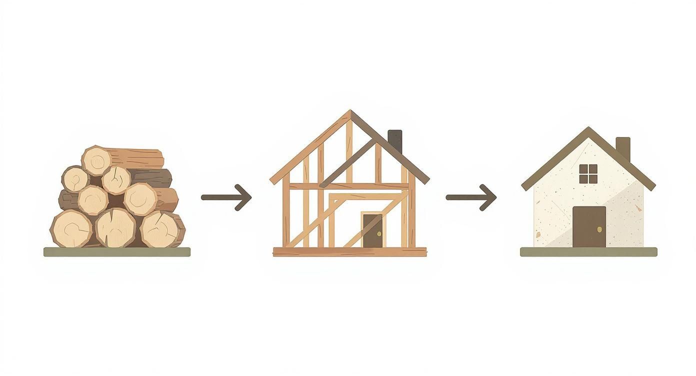 Construction process from raw logs to wooden frame structure to finished stick built home