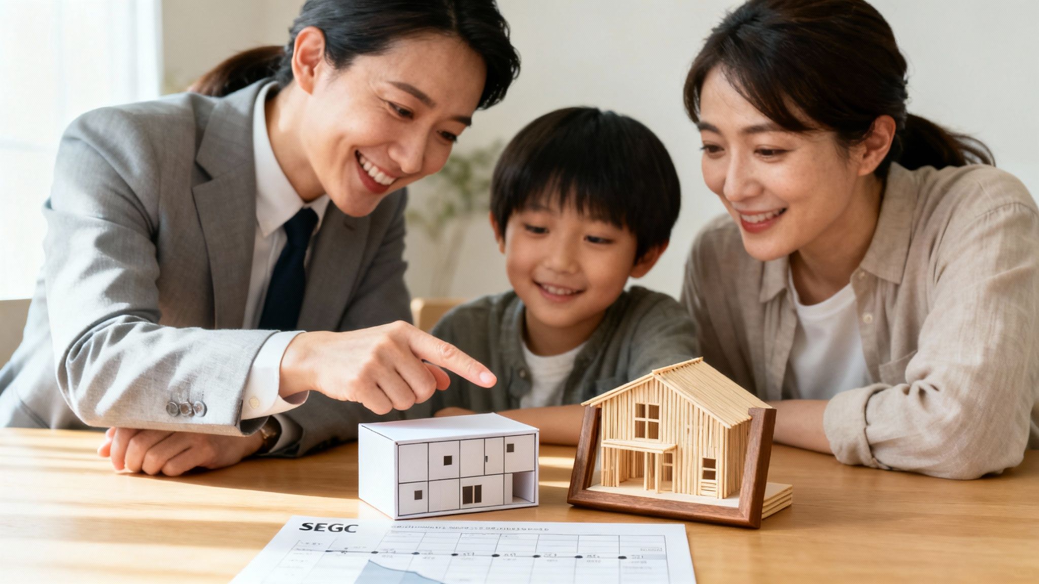 Family reviewing home building plans together.