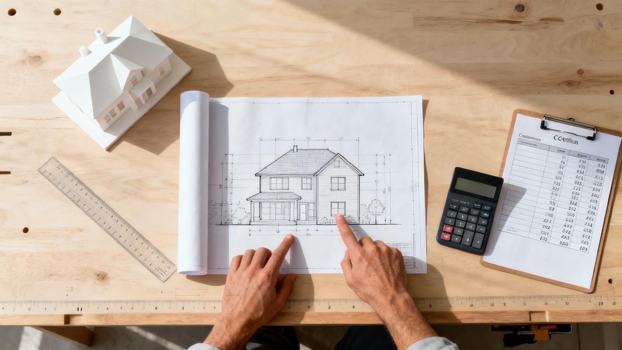 Architectural blueprint of a custom home being reviewed by a contractor.