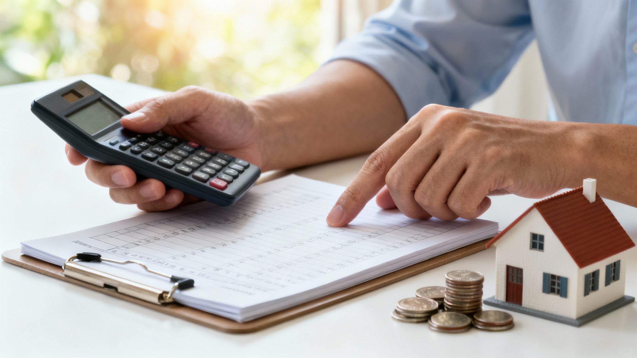 A detailed architectural blueprint for a custom home is reviewed on a wooden table.