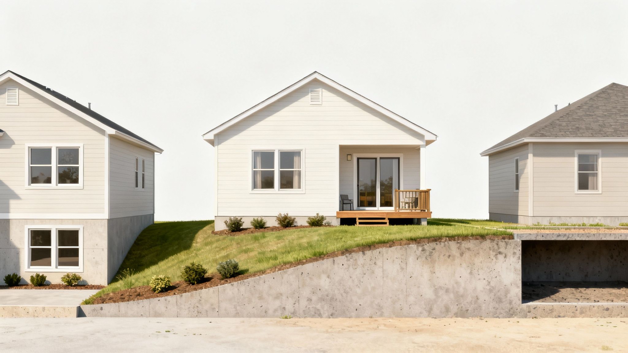 Three cream-colored houses on a grassy slope with concrete retaining walls and visible basements.
