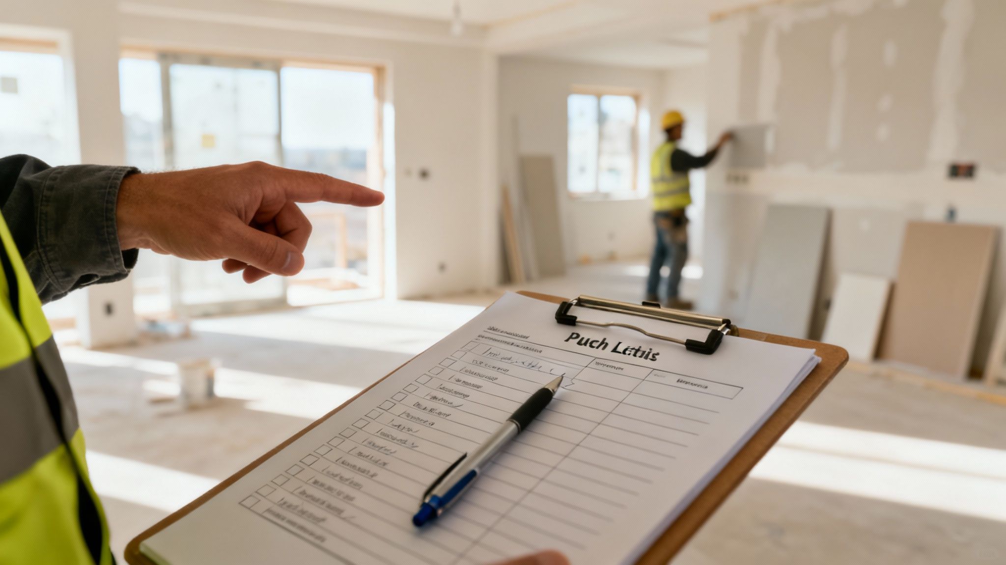 A construction manager reviewing a punch list on a tablet at a job site.