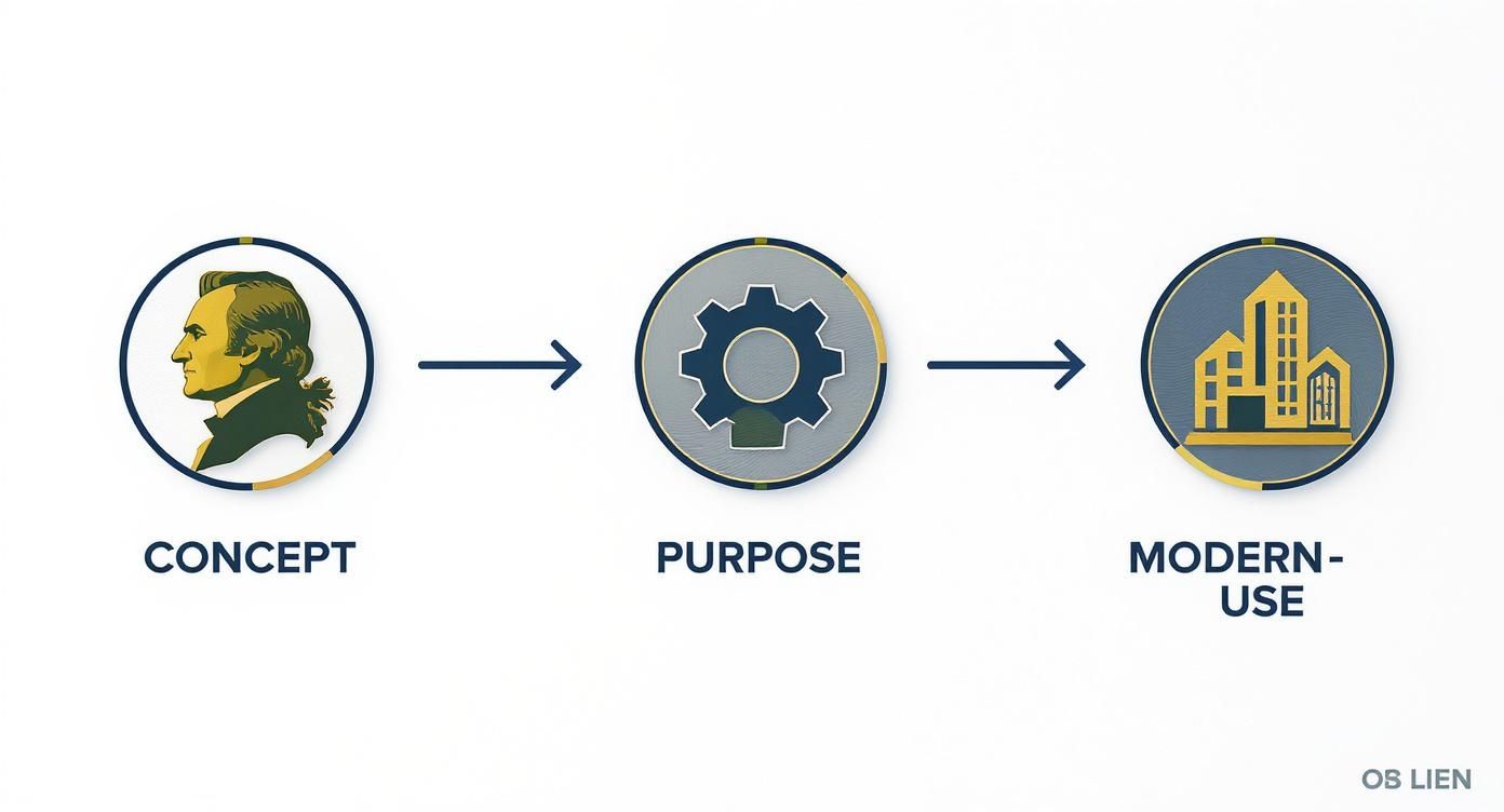 Infographic showing the process flow of a lien's origins, from concept with a Thomas Jefferson icon, to purpose with a gear icon, to modern use with a building icon.