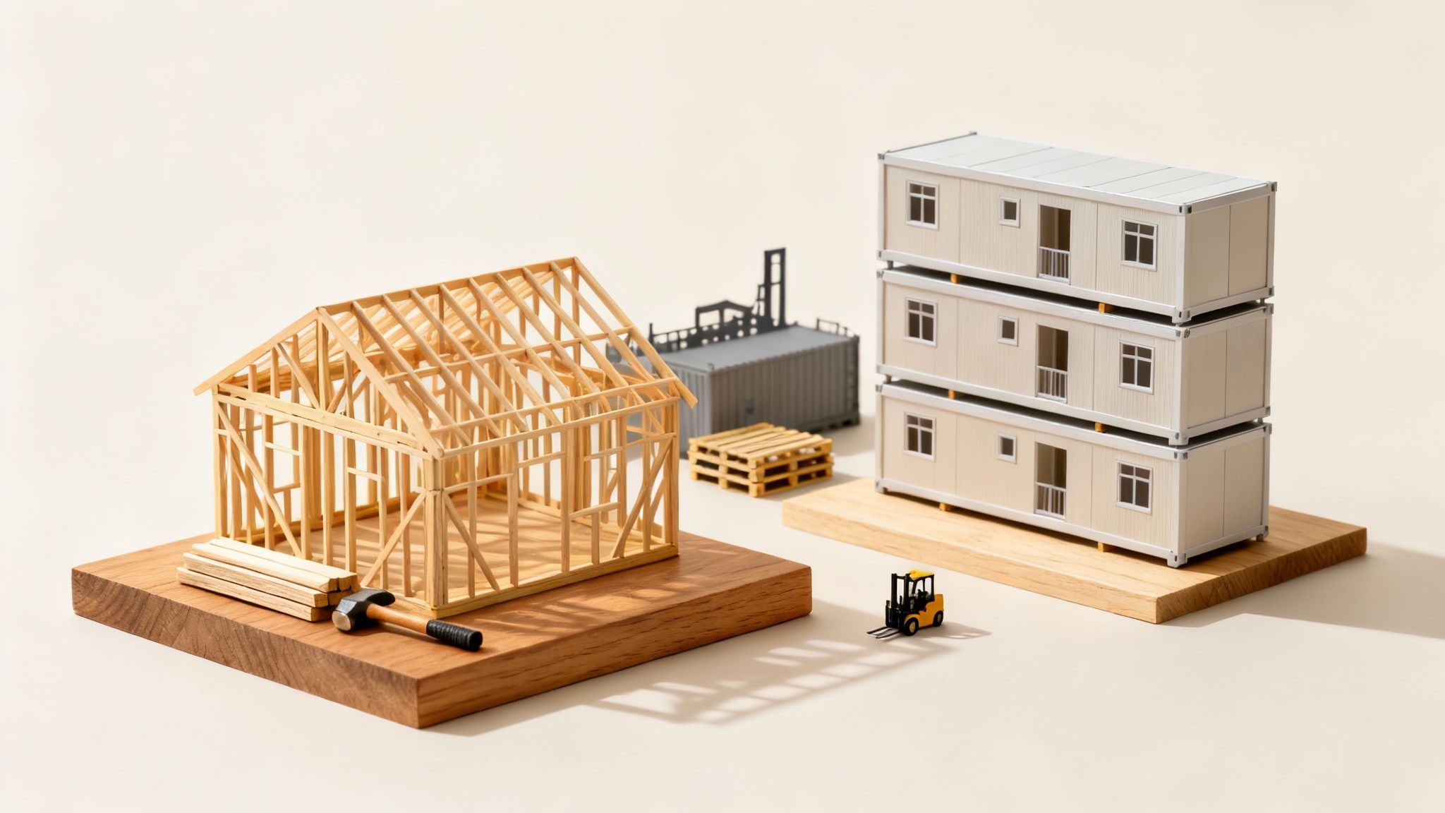 Miniature scene showing a wooden stick-built house frame, modular homes, a container, and a forklift.