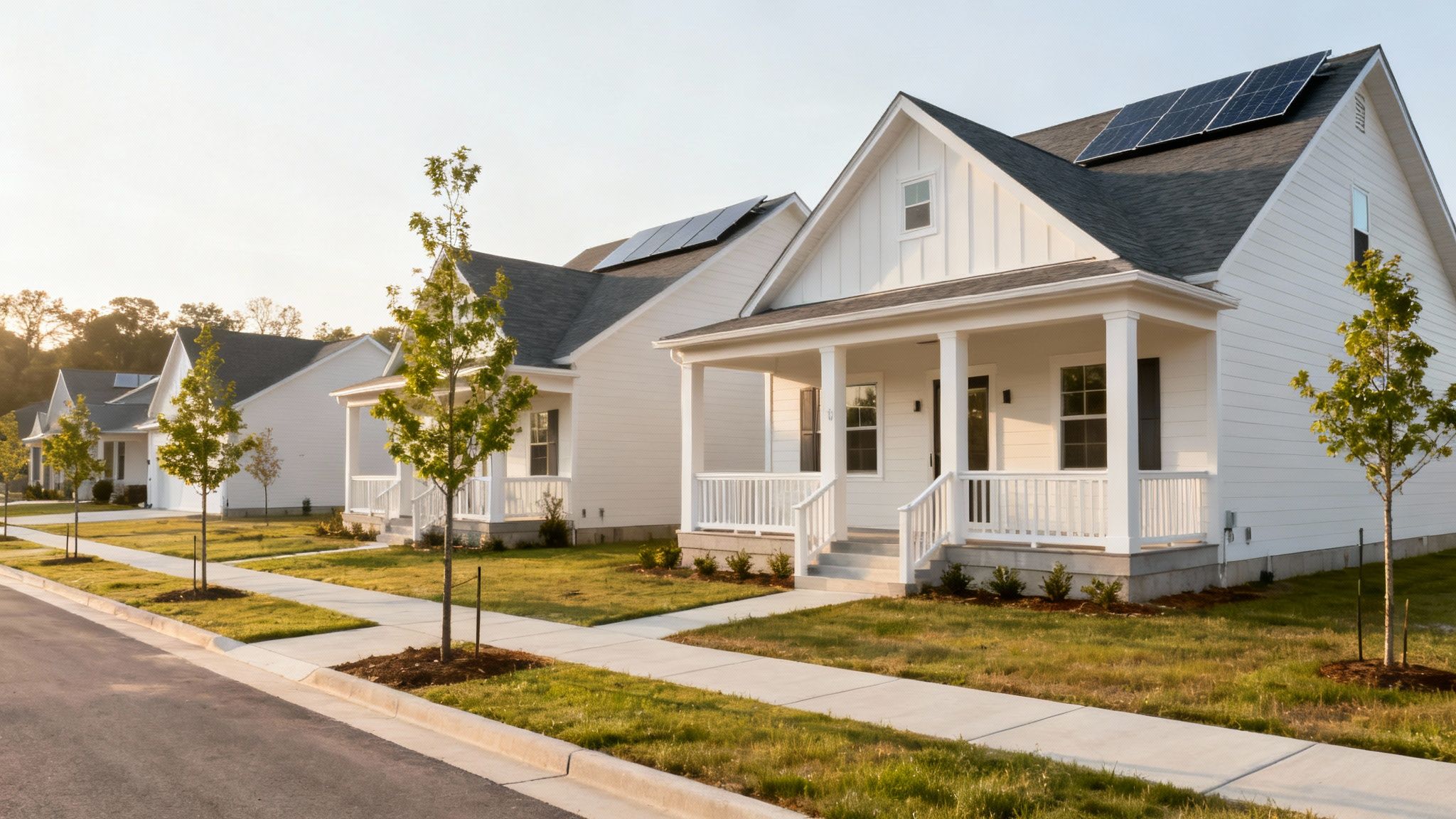 A row of newly built white houses with solar panels and green lawns under a golden sunset.