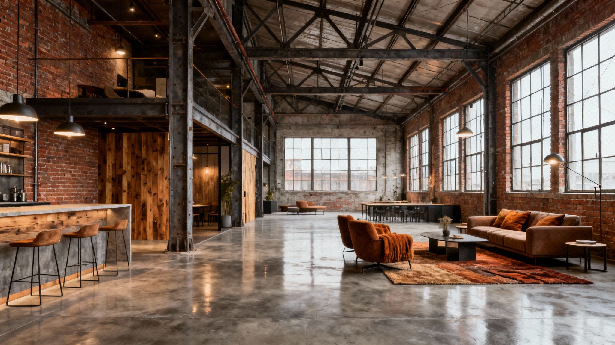 A spacious industrial-style loft with a bar, lounge area, and large windows.