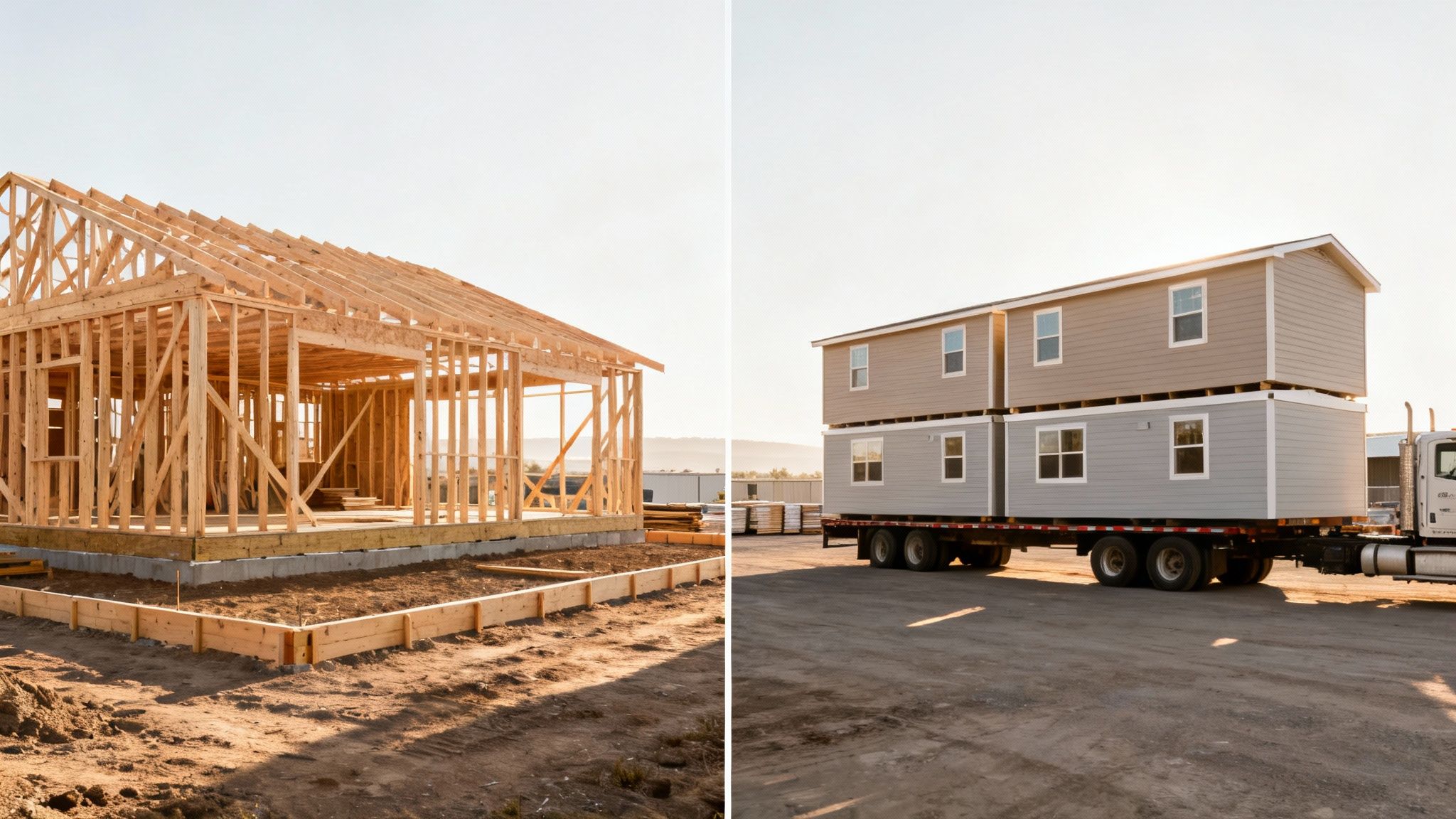 Split image showing traditional stick-built house framing on the left and modular home sections transported by truck on the right.