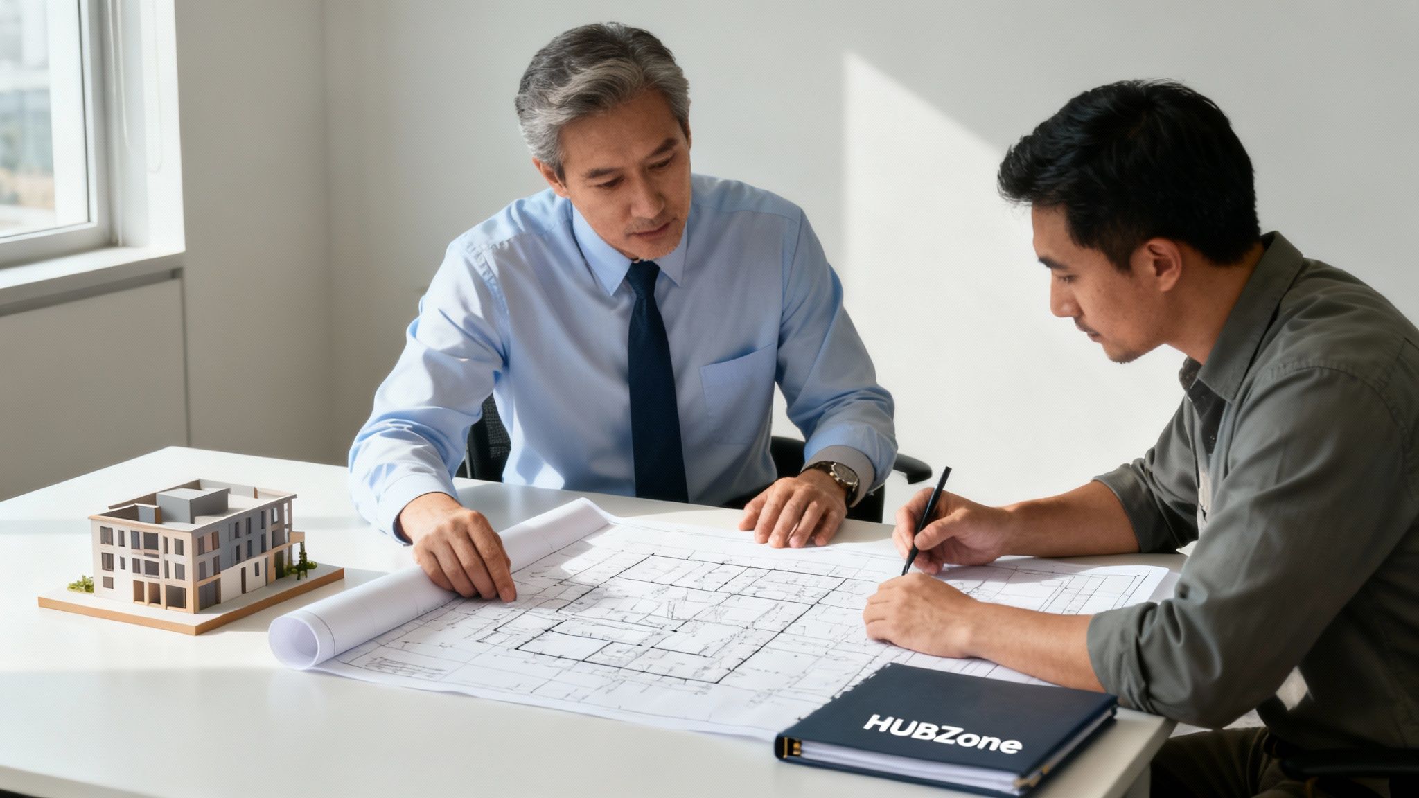 Two architects review building blueprints and a model, discussing design plans in a well-lit office.