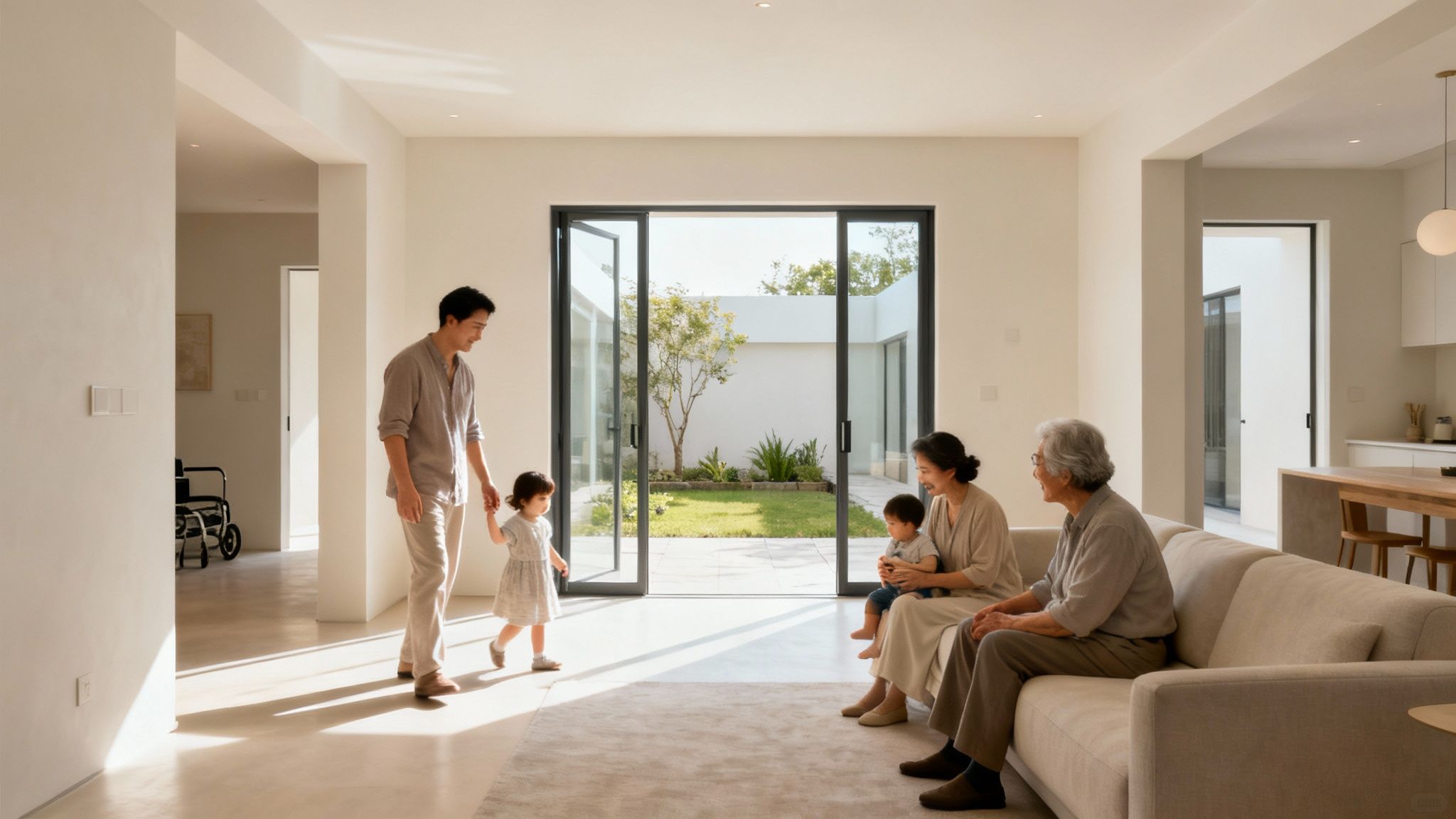 Multigenerational family enjoying open concept living room with courtyard view in modern accessible home