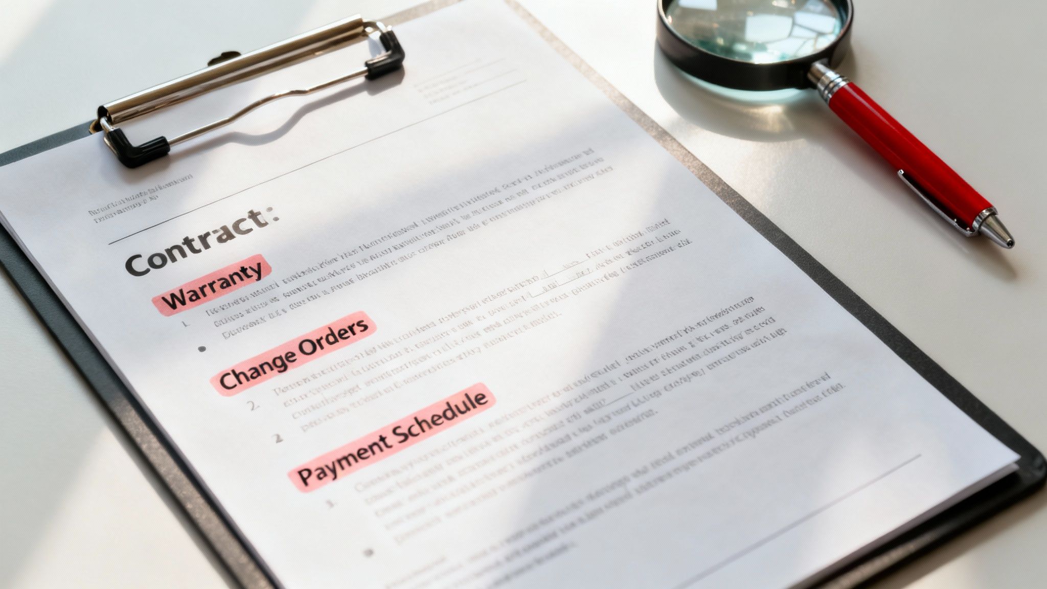 A close-up of a contract and a pen, with blueprints in the background, signifying the importance of the legal agreement in a construction project.