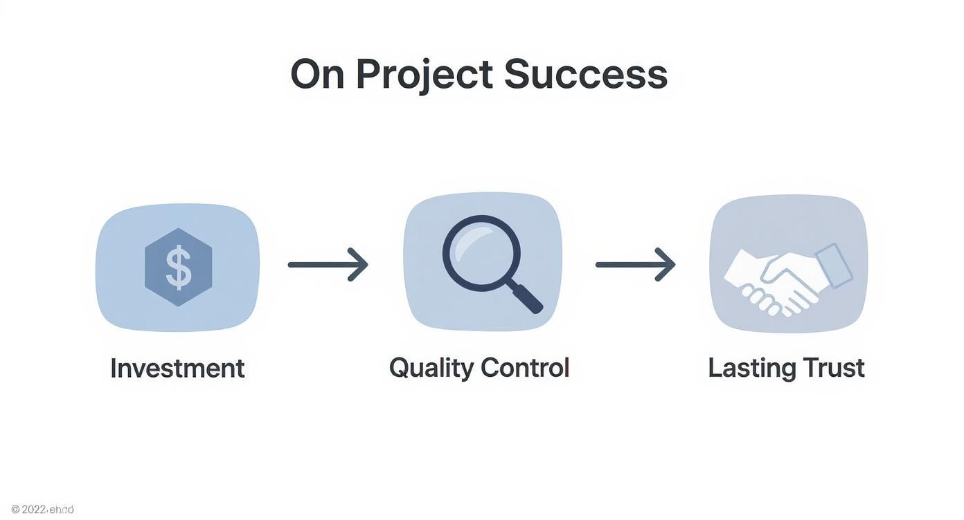 An infographic showing a process flow from Investment, to Quality Control, to Lasting Trust.