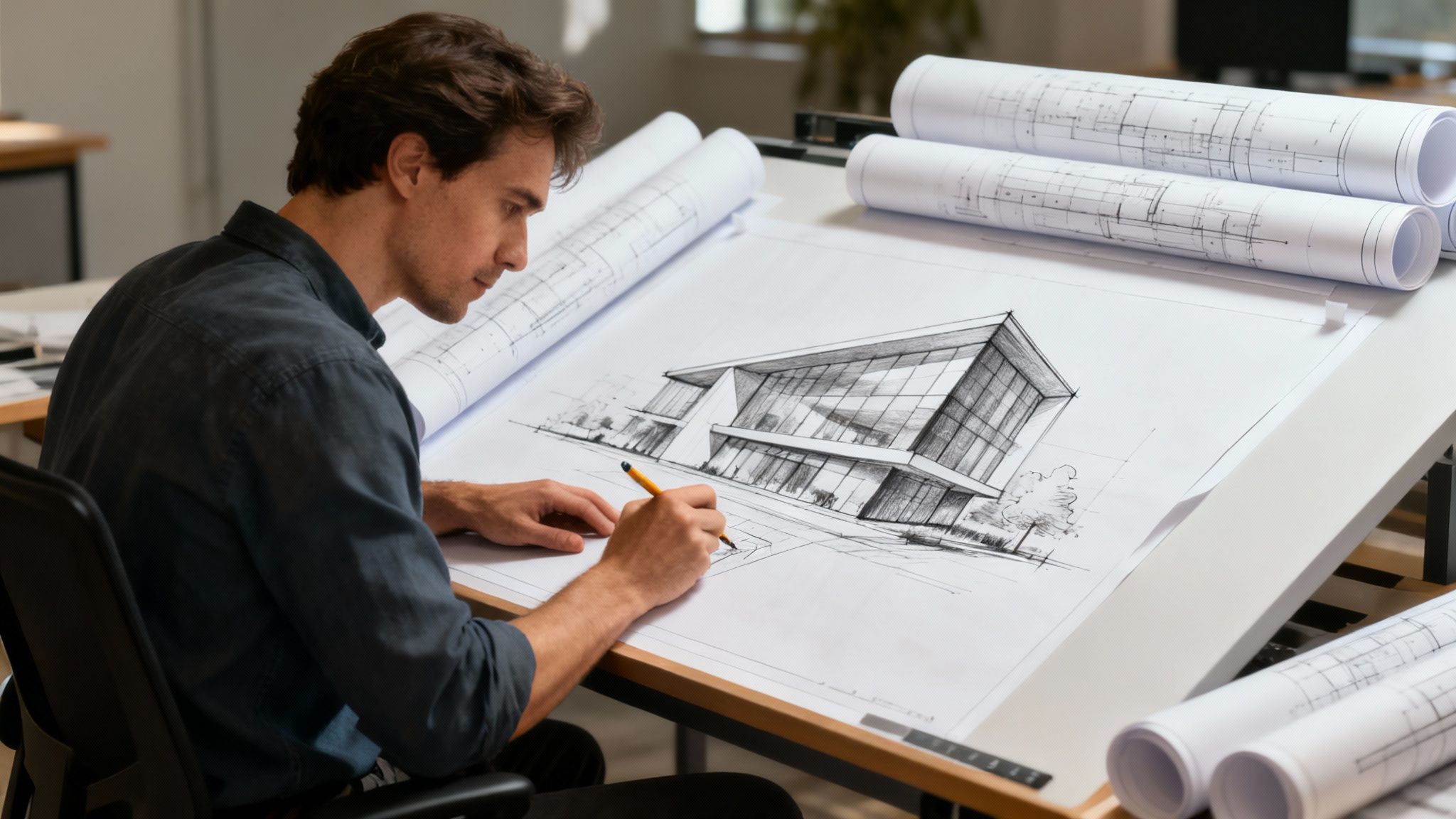 An architect reviewing a set of architectural drawings at a desk