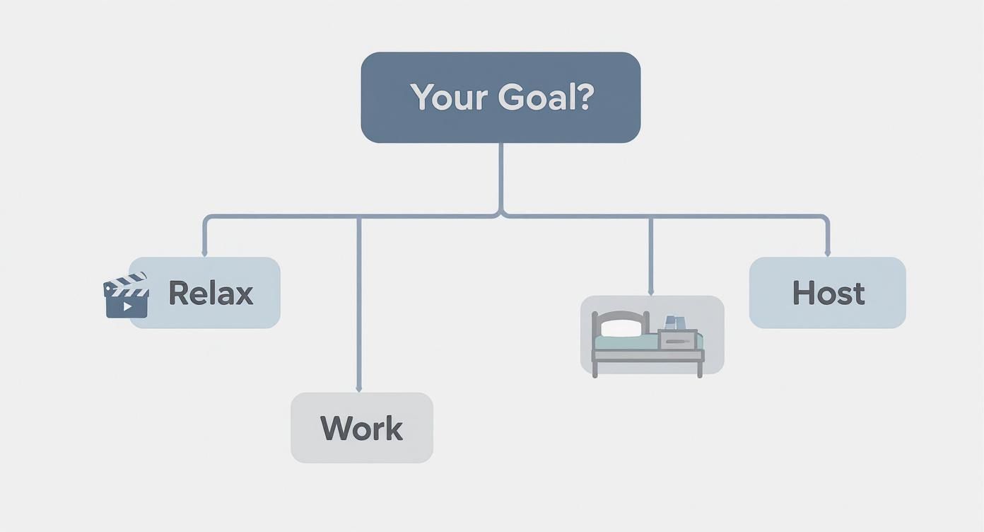 A flowchart titled 'Your Goal?' with four branches: Relax, Work, Stay, and Host.