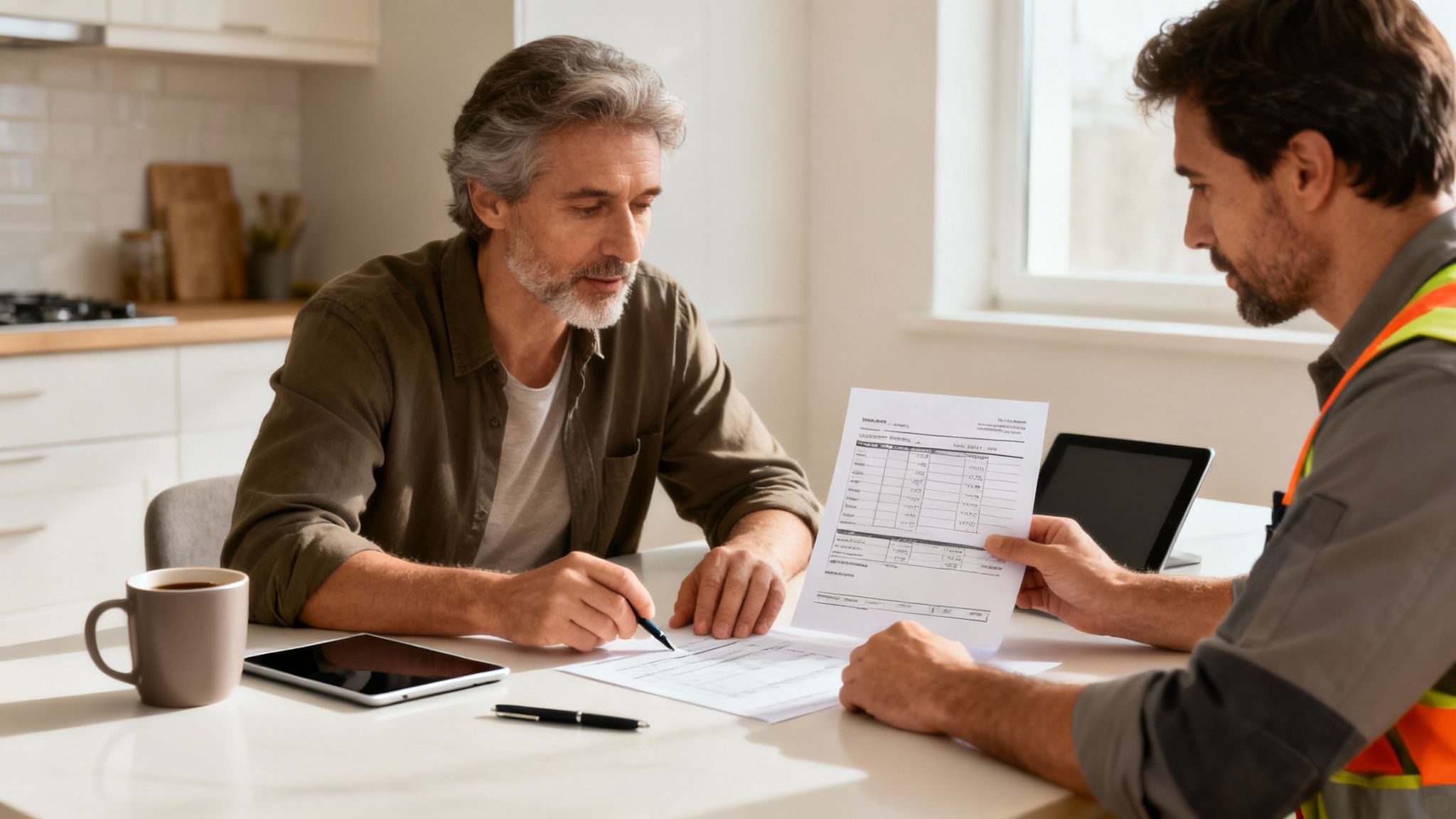 Homeowner and contractor reviewing construction plans and documents at kitchen table during consultation meeting