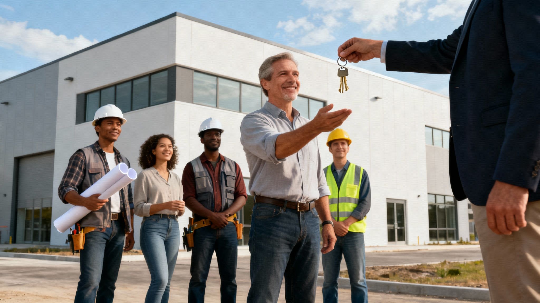 Construction team watching contractor receive building keys from client at completed commercial property