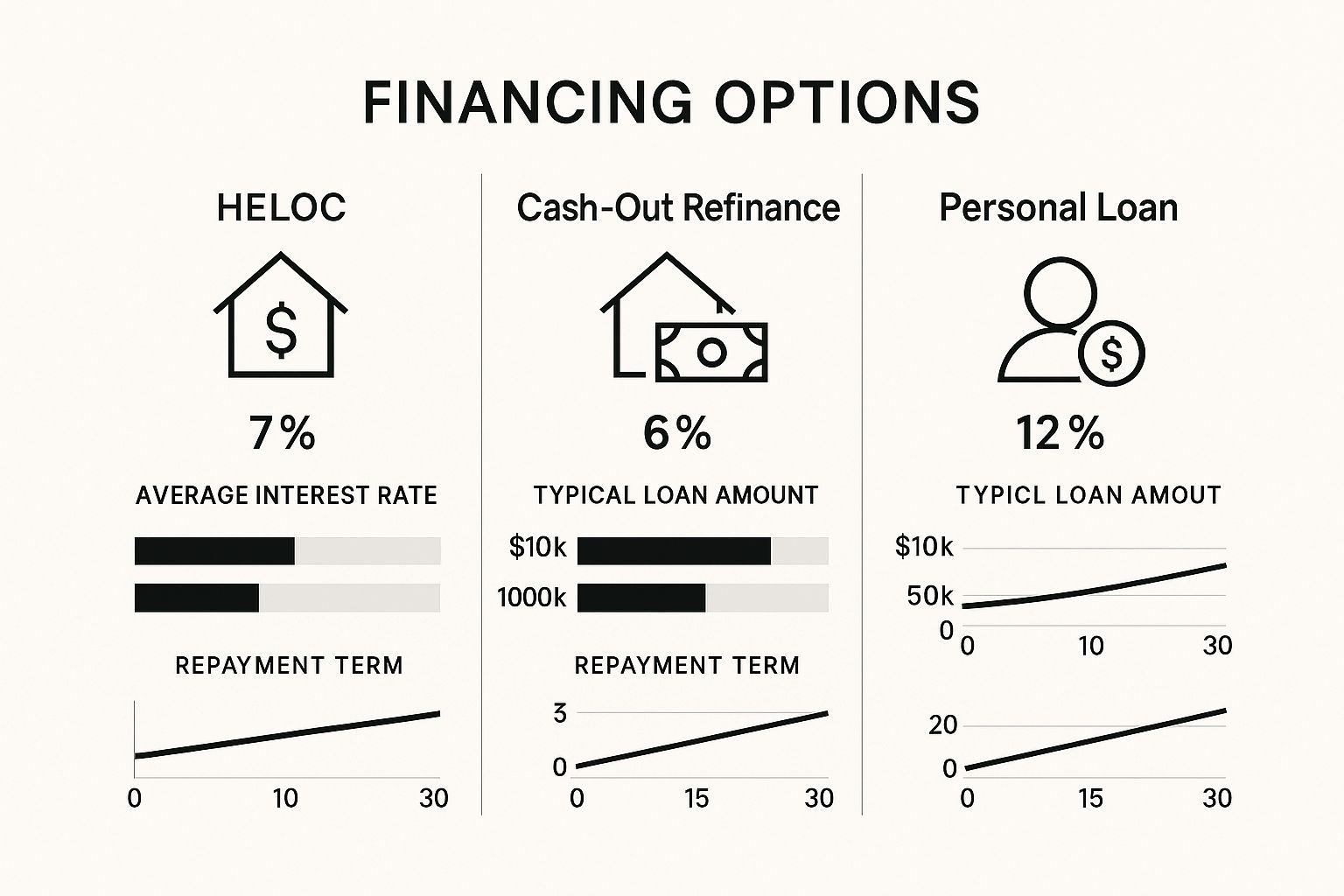 Infographic comparing financing options for home renovations including HELOCs, Cash-Out Refinances, and Personal Loans.