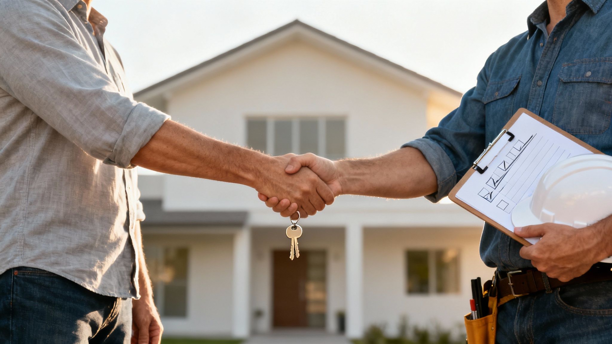 Two people shaking hands exchanging house keys in front of new home with checklist