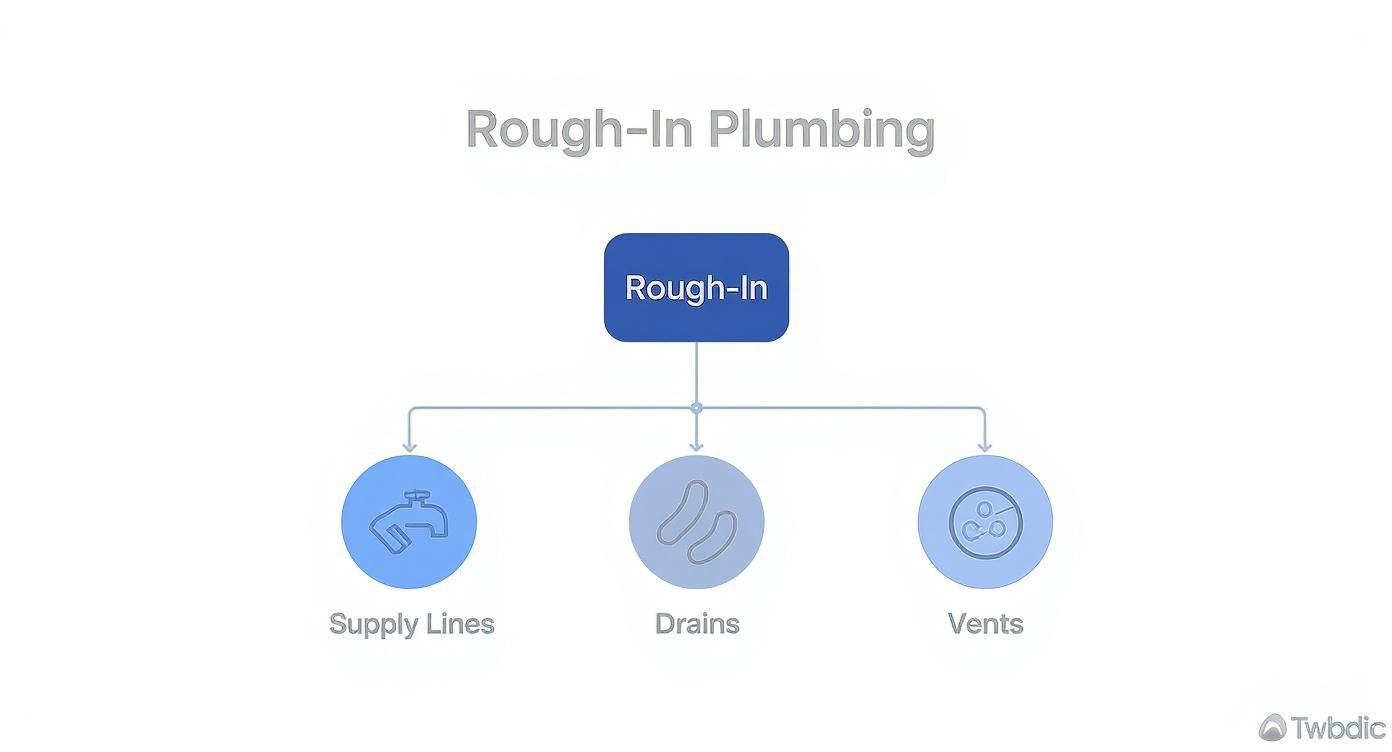 A flowchart titled 'Rough-In Plumbing' showing 'Rough-In' leading to 'Supply Lines', 'Drains', and 'Vents'.